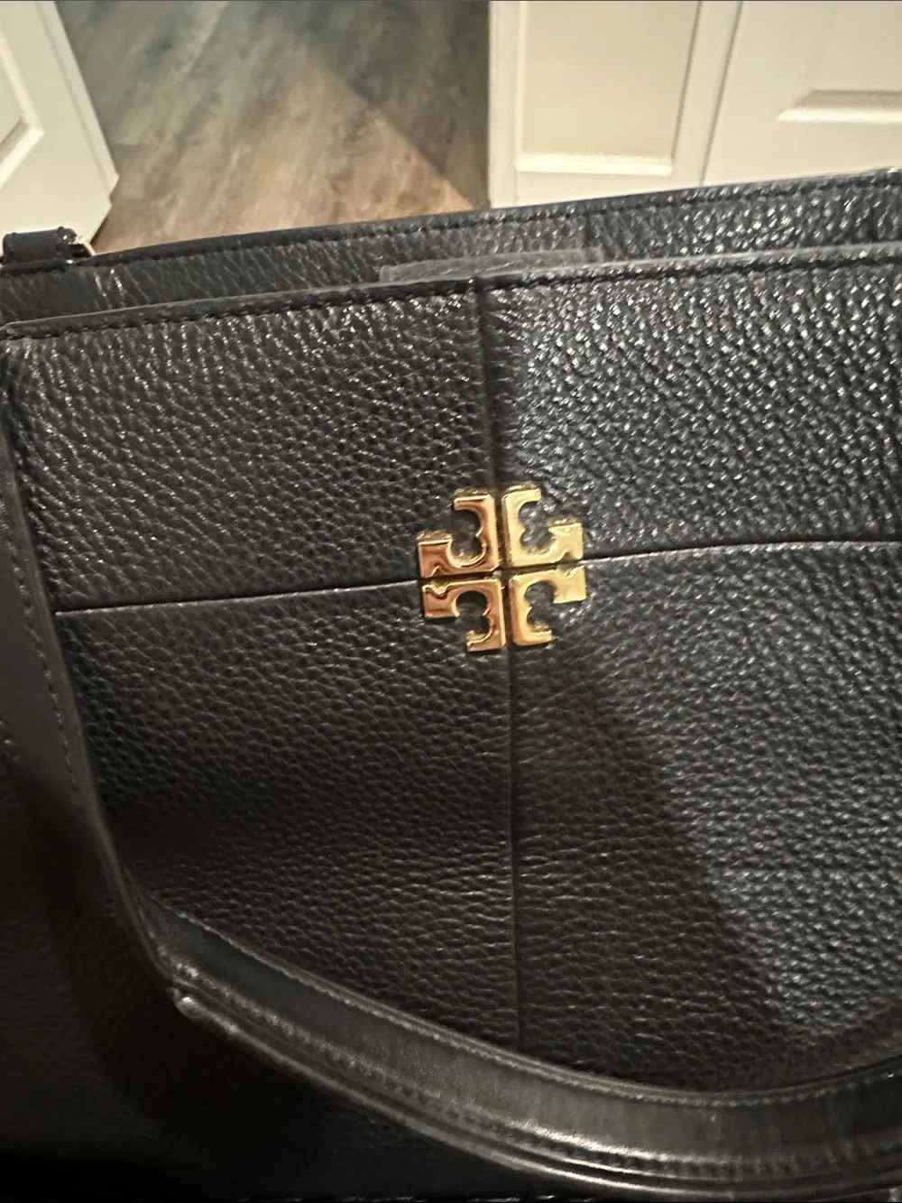 Tory Burch Black Leather Tote with Gold Emblem Ivy Side-Zip Tote
